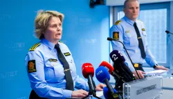 Grete Lien Metlid (L), head of the police's Joint Unit for Operational Service, and Frode Larsen, head of the Joint Unit for Investigation and Intelligence, give a press conference in connection with an explosion at the US Embassy in Oslo, on March 8, 2026. The US embassy in Oslo was hit by an explosion in the early hours of Sunday, March 8, 2026, but no one was injured, police in the Norwegian capital said, adding the cause was not immediately known. (Photo by Fredrik Varfjell/NTB/AFP)/Norway OUT