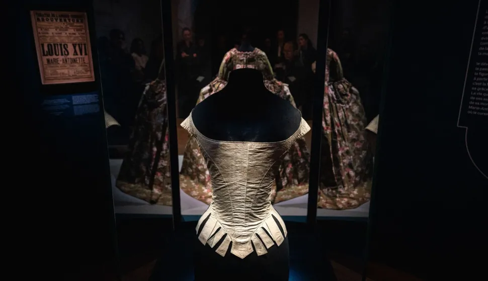 This photograph shows the corset of Queen Marie-Antoinette displayed during the exhibition "Fashion in the 18th Century. A Fantasized Legacy" at the Galliera Palais fashion museum in Paris on March 13, 2026. The exhibition runs from March 14, 2026, to July 12, 2026. (Photo by Dimitar DILKOFF/AFP)