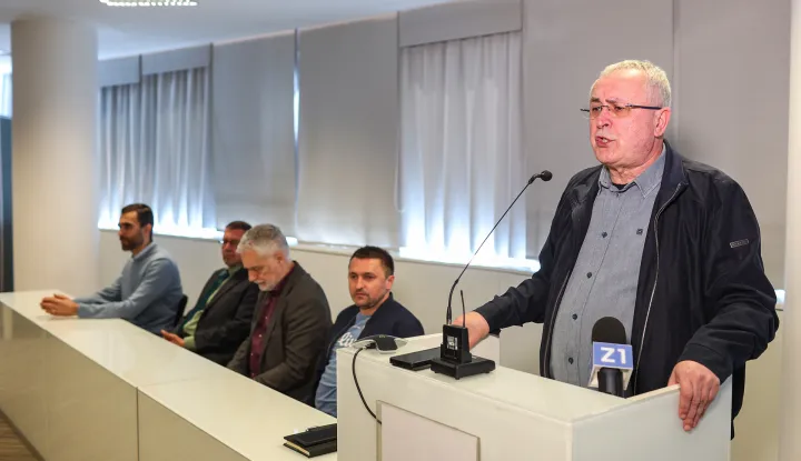 16.03.2026., Zagreb - Konferencija za novinare predstavnika sest sindikata javnih sluzbi koji su najavili prosvjed Sindikalno proljece. Matija Kroflin, Petar Jehtic, Zrinko Turalija, Kruno Kusec, Zeljko Stipic. Photo: Goran Stanzl/PIXSELL