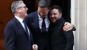 Britain's Prime Minister Keir Starmer (L), NATO Secretary General Mark Rutte (C) and Ukraine's President Volodymyr Zelensky react following a meeting at 10 Downing Street, in central London, on March 17, 2026. (Photo by Toby Shepheard/AFP)