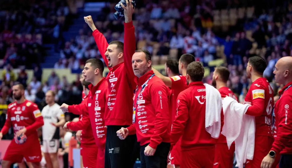 Croatia's coach Dagur Sigurdsson reacts during the men's EHF Euro 2026 semi-finals handball match Germany vs Croatia in Herning, Denmark, on January 30, 2026. (Photo by Bo Amstrup/Ritzau Scanpix/AFP)/Denmark OUT