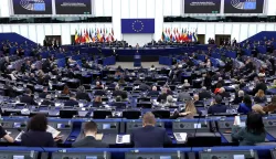 President of the United Nations General Assembly Annalena Baerbock (C) addresses members of European Parliament during a formal sitting, in Strasbourg, eastern France, on February 10, 2026. (Photo by FREDERICK FLORIN/AFP)