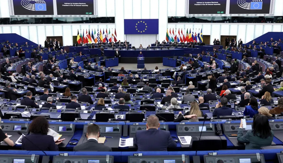 President of the United Nations General Assembly Annalena Baerbock (C) addresses members of European Parliament during a formal sitting, in Strasbourg, eastern France, on February 10, 2026. (Photo by FREDERICK FLORIN/AFP)