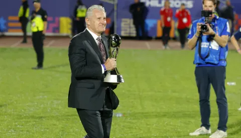 epa12466252 Former soccer player Davor Suker holds a trophy during the FIFA U-20 World Cup awards ceremony in Santiago, Chile, 19 october 2025. EPA/ESTEBAN GARAY