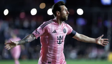 epa12513235 Inter Miami FC forward Lionel Messi celebrates a goal during the MLS soccer match between Inter Miami CF and Nashville SC soccer at Chase Stadium in Fort Lauderdale, Florida, USA, 08 November 2025. EPA/CRISTOBAL HERRERA-ULASHKEVICH