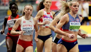 Britain's Keely Hodgkinson (R) competes ahead of Austria's Caroline Bredlinger (2L) and other athletes in the women's 800 metres heat 1 during the World Athletics Indoor Championships Kujawy Pomorze 2026 in Torun, Poland on March 20, 2026. (Photo by Wojtek RADWANSKI/AFP)