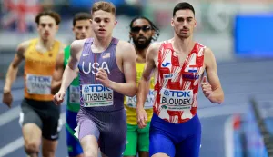 Croatia's Marino Bloudek (R) competes with USA's Cooper Lutkenhaus and other athletes in the men's 800 metres heat 2 during the World Athletics Indoor Championships Kujawy Pomorze 2026 in Torun, Poland on March 20, 2026. (Photo by Wojtek RADWANSKI/AFP)