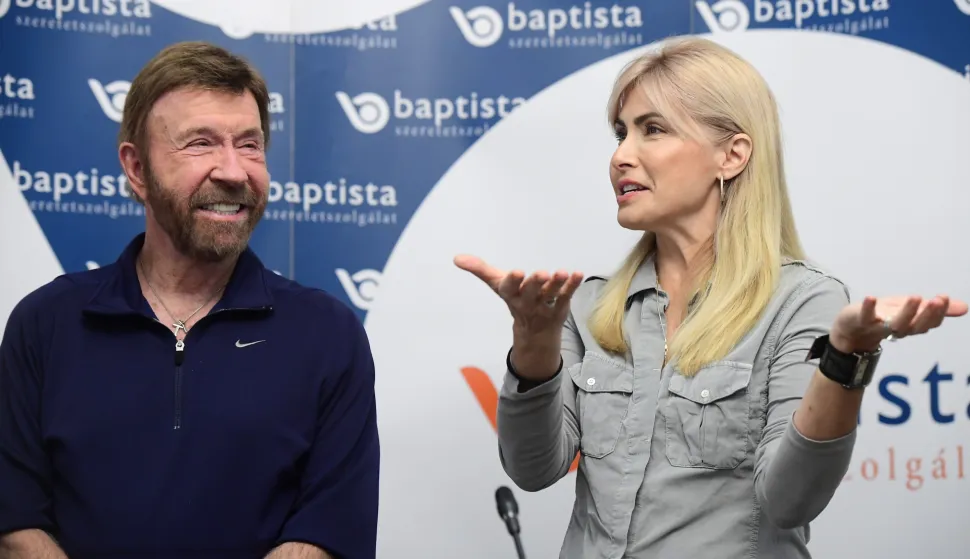 epa07190841 US actor and martial artist Chuck Norris (L), this year's special guest, and his wife, Gena O'Kelley attend a press conference on the 15th Shoe Box fundraising event at the Kempinski Hotel Corvinus in Budapest, Hungary, 26 November 2018. The annual Christmas charity campaign was launched by the Hungarian Baptist Aid (HBAid) in 2004 to collect and distribute gifts donated by the public for underprivileged children during Advent. The organization receives the labelled and boxed presents at nearly 300 designated collection points in the country. EPA/Tamas Kovacs HUNGARY OUT