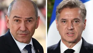 (COMBO) This combination of file photos made on March 18, 2026, shows then Slovenia's Prime Minister Janez Jansa in Brussels, on May 31, 2022 (L); and Slovenia's Prime Minister Robert Golob in Portoroz on October 20, 2025. Slovenia is heading into a tight parliamentary election on March 22, 202, with the conservative opposition hoping to regain power, which could see the EU country retake an illiberal turn. Slovenian liberal Prime Minister Robert Golob is expected to face a tough challenge in polls from nationalist ex-premier Janez Jansa, who he unseated in 2022. (Photo by Emmanuel DUNAND/AFP)