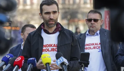 Zagreb, 19.03.2026 - Predstavnici &scaron;est sindikata javnih službi održali su konferenciju za medije na temu "Sindikalno proljeće počinje". Najavili su razloge, zahtjeve te mjesto i vrijeme prosvjednog skupa. Na fotografiji Matija Kroflin.foto HINA/ Admir BULJUBA&Scaron;IĆ/ abu