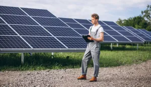 Man worker in the firld by the solar panels