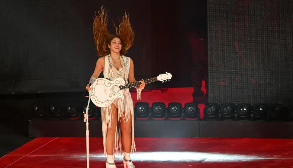 Colombian singer Shakira performs during a free concert at Zocalo square in Mexico City on March 1, 2026. (Photo by Yuri CORTEZ/AFP)