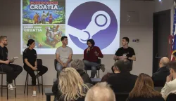 Zagreb, 23.03.2026 -Telekom kompanija A1 predstavila je novu Analizu hrvatske industrije proizvođača videoigara za 2024. i 2025., koju je pripremila u suradnji s Klasterom hrvatskih proizvođača računalnih igara, te pregled planova i aktivnosti koje priprema za gejming u 2026. godini. Na slici (L) Luka Bojić, Valentina Leventić, Matej Galić, Alexandar Gavrilović, Luka Djak.(D)foto HINA/ Sa&scaron;a KOLJAN/ sk