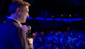 Slovenia?s Prime Minister Robert Golob (L) addresses the supporters of Gibanje Svoboda (The Freedom Movement) after the General Elections results are released in Ljubljana, Slovenia, on March 22, 2026. Slovenia's incumbent liberal Prime Minister Robert Golob on March 22, 2026 claimed victory in parliamentary elections, even as official results showed a neck and neck finish with the conservatives. (Photo by Jure Makovec/AFP)