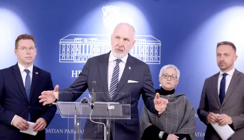 24.03.2026., Zagreb - Na konferenciji za medije odrzanoj u Saboru o temi "10. paket mjera za zastitu standarda gradjana i konkurentnosti gospodarstva" govorili su zastupnici Marko Pavic, Vesna Bedekovic, Marin Piletic i Andro Krstulovic Opara. Photo: Patrik Macek/PIXSELL