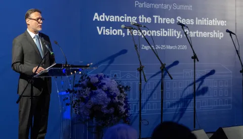 Zagreb, 24.03.2026 - Svečana večera uoči parlamentarnog samit Inicijative triju mora kojoj je domačin predsjednik Hrvatskog sabora Gordan Jandroković. Na slici Gordan Jandroković održao je prigodni govor.foto HINA/ POOL/ Damir SENČAR/ ds