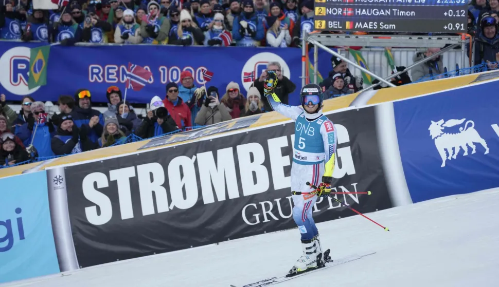 Third placed Norway's Atle Lie Mcgrath reacts after competing the men's FIS Ski World Cup Giant Slalom race in Kvitfjell, near Lillehammer, Norway on March 24, 2026. (Photo by Cornelius Poppe/NTB/AFP)/Norway OUT