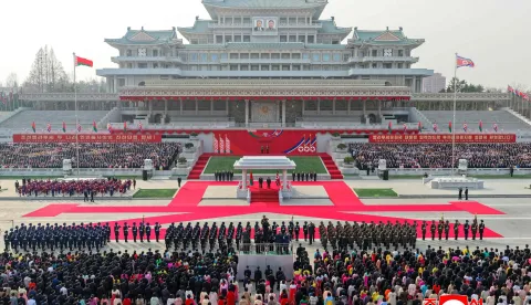 This picture taken on March 25, 2026 and released by North Korea's official Korean Central News Agency (KCNA) on March 26, 2026 shows North Korean leader Kim Jong Un (centre R) and Belarus' President Alexander Lukashenko (centre L) attending a welcome ceremony at Kim Il Sung Square in Pyongyang. (Photo by KCNA VIA KNS/AFP)/South Korea OUT/---EDITORS NOTE--- RESTRICTED TO EDITORIAL USE - MANDATORY CREDIT "AFP PHOTO/KCNA VIA KNS" - NO MARKETING NO ADVERTISING CAMPAIGNS - DISTRIBUTED AS A SERVICE TO CLIENTSTHIS PICTURE WAS MADE AVAILABLE BY A THIRD PARTY. AFP CAN NOT INDEPENDENTLY VERIFY THE AUTHENTICITY, LOCATION, DATE AND CONTENT OF THIS IMAGE./