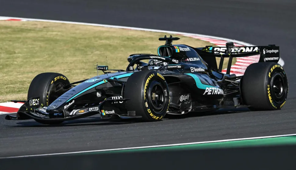 Mercedes' British driver George Russell drives during the second practice session ahead of the Formula One Japanese Grand Prix at the Suzuka circuit in Suzuka, Mie prefecture on March 27, 2026. (Photo by ANDREW CABALLERO-REYNOLDS/AFP)