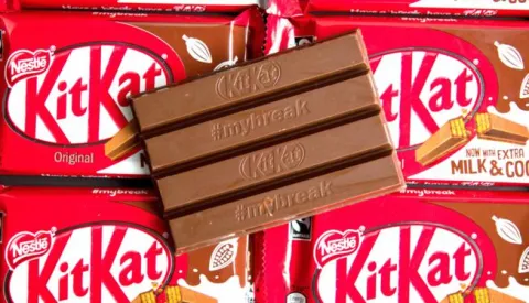 KitKat trademark court case Four finger KitKat biscuits in London after a bid by Nestle to register the shape of the four-finger chocolate bar as a trademark was given the thumbs down by Court of Appeal judges. Dominic Lipinski Photo: Press Association/PIXSELL------1 stupacnovosti