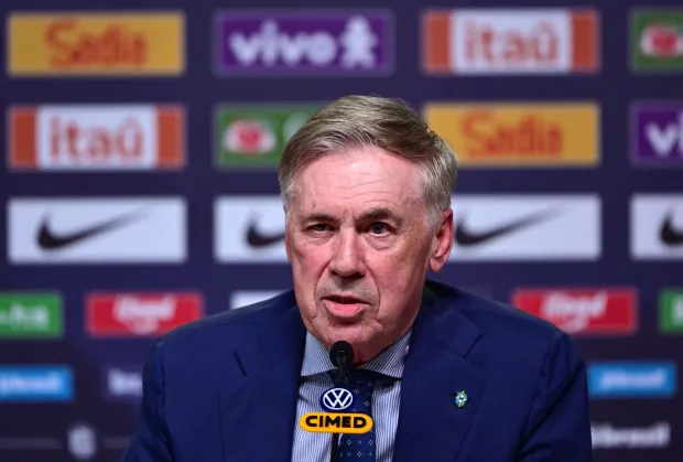 Brazil's national football team coach Italian Carlo Ancelotti speaks during a press conference to announce the squad for the international friendlies against France and Croatia in Rio de Janeiro, Brazil on March 16, 2026. (Photo by Pablo PORCIUNCULA/AFP)