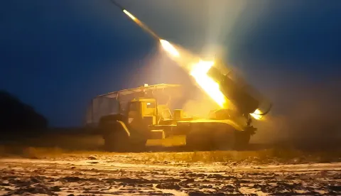 epa11828959 A still image taken from a handout video made available by the Russian Defence Ministry Press-Service on 16 January 2025 shows the BM-21 'Grad' jet rocket systems of Tula Guards Airborne Forces Unit carrying out combat tasks in border areas of the Kursk region, Russia. Fighting between Russian and Ukrainian forces has been ongoing in the Kursk region since 06 August 2024 following a Ukrainian military incursion into the Russian border region. EPA/RUSSIAN DEFENCE MINISTRY HANDOUT HANDOUT EDITORIAL USE ONLY/NO SALESHANDOUT EDITORIAL USE ONLY/NO SALES