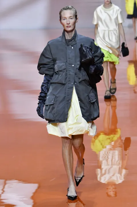 A model is seen on the catwalk at the Prada fashion show during Milan Fashion Week Spring Summer 2026 Milan, Italy on September 25 2025. (Photo by Jonas Gustavsson/Sipa USA) Photo: Jonas Gustavsson/SIPA USA