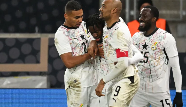 Ghana's players Ghana's forward #22 Kamaldeen Sulemana (L), Ghana's forward #09 Jordan Ayew (2R) and Ghana's midfielder #15 Elisha Owusu (R) celebrate after Ghana's forward #07 Fatawu Issahaku (2L) scored his team's first goal during the international friendly football match between Germany and Ghana in Stuttgart, southwestern Germany on March 30, 2026. (Photo by THOMAS KIENZLE/AFP)