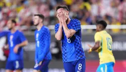 ORLANDO, FLORIDA - MARCH 31: Nikola Moro of Croatia reacts during the international friendly match between Brazil and Croatia at Camping World Stadium on March 31, 2026 in Orlando, Florida. Rich Storry/Getty Images/AFP (Photo by Rich Storry/GETTY IMAGES NORTH AMERICA/Getty Images via AFP)