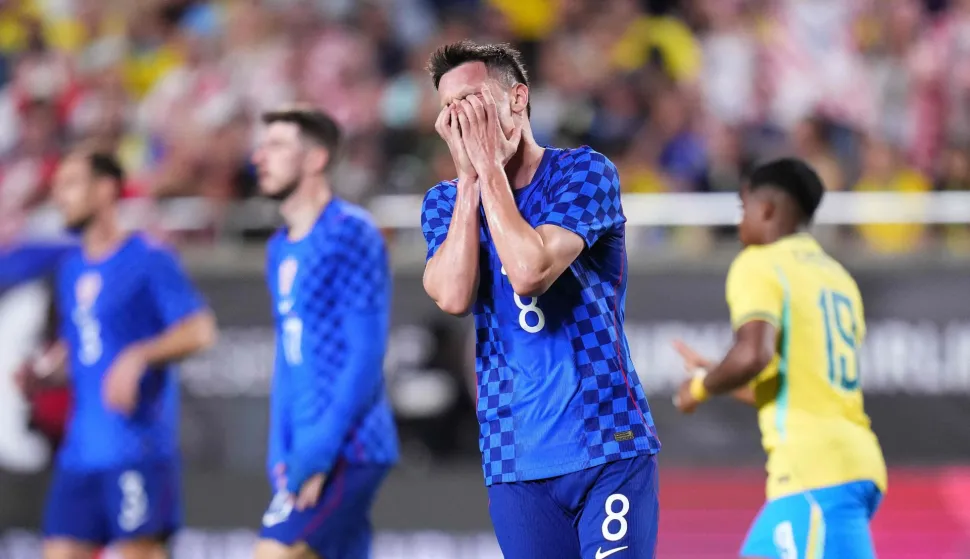 ORLANDO, FLORIDA - MARCH 31: Nikola Moro of Croatia reacts during the international friendly match between Brazil and Croatia at Camping World Stadium on March 31, 2026 in Orlando, Florida. Rich Storry/Getty Images/AFP (Photo by Rich Storry/GETTY IMAGES NORTH AMERICA/Getty Images via AFP)