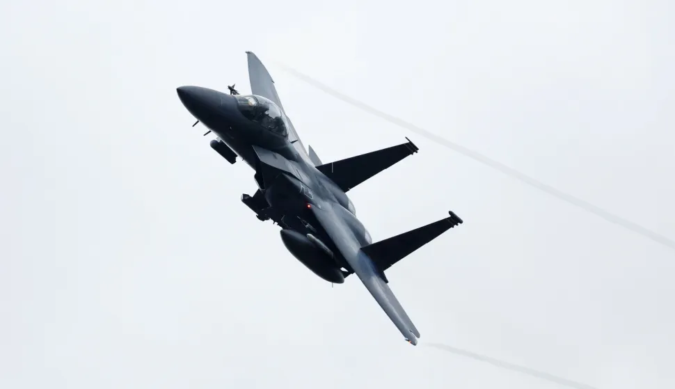 epa10547199 A US Air Force F15 in flight during the 'Dynamic Front' multinational army exercise in the military training area in Grafenwoehr, Germany, 28 March 2023. The objective of the exercise is to ensure that North Atlantic Treaty Organization (NATO) forces are equipped with the capability to execute lethal fire support in wide-area ground combat across Europe. EPA/ANNA SZILAGYI