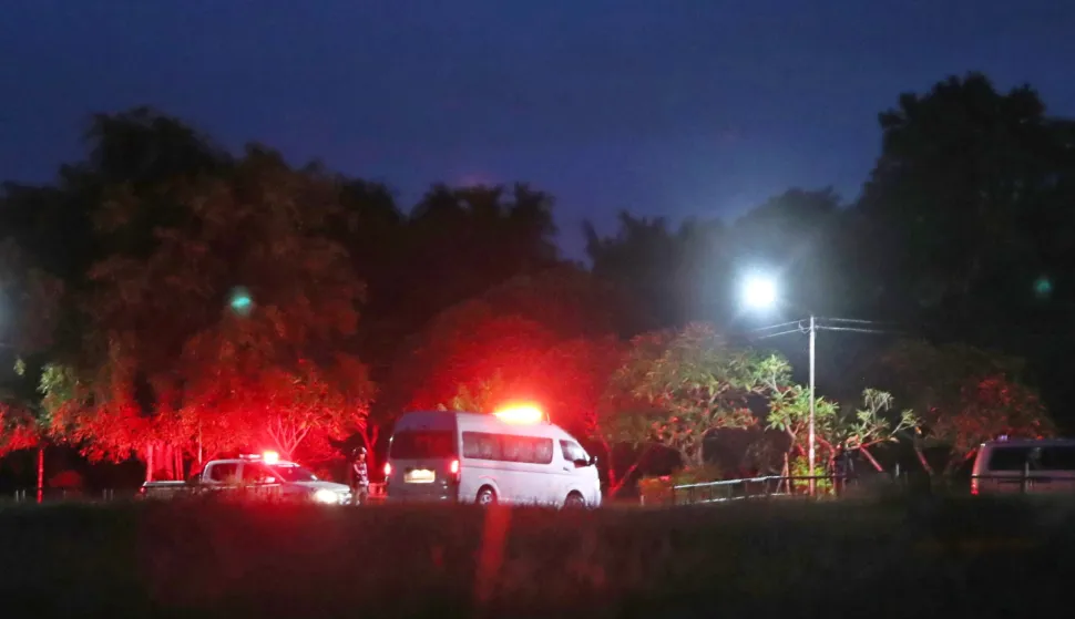 epa06873805 Ambulances transporting children to hospital after they have been rescue from Tham Luang cave, at a helicopter pad in Chiang Rai province, Thailand, 08 July 2018. Members of a children soccer team and their assistant coach who have been trapped in Tham Luang cave since 23 June 2018 have been rescued on 08 July 2018. EPA/RUNGROJ YONGRIT