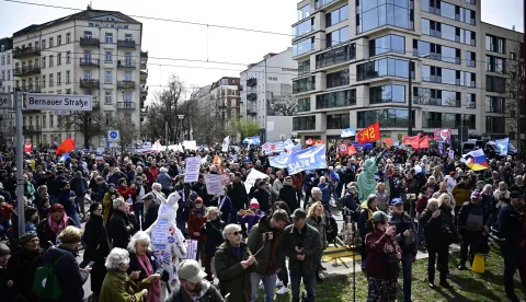 Protesters attend an Easter March Peace demonstration organised by the Berlin Peace Coordination (FRIKO) in Berlin, on April 4, 2026. (Photo by Tobias SCHWARZ/AFP)