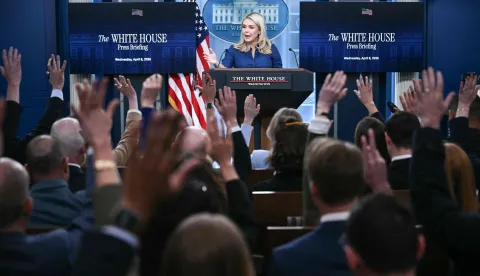White House Press Secretary Karoline Leavitt speaks during a press briefing in the Brady Briefing Room of the White House in Washington, DC, on April 8, 2026. (Photo by Brendan SMIALOWSKI/AFP)