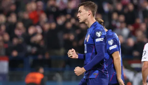 Varaždin, 12.10.2025 - Utakmica kvalifikacija za Svjetsko nogometno prvenstvo 2026., Hrvatska - Gibraltar. Na slici Luka Sučić slavi gol.foto HINA/ Damir SENČAR/ ds