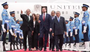 US Vice President JD Vance (C) walks with Pakistan's Chief of Defence Forces and Chief of Army Staff Field Marshall Asim Munir (L) and Pakistani Deputy Prime Minister and Foreign Minister Mohammad Ishaq Dar after arriving for talks with Iranian officials in Islamabad on April 11, 2026. (Photo by Jacquelyn MARTIN/POOL/AFP)