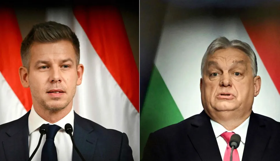 (COMBO) This combination of file photos created on March 13, 2026 shows Hungarian opposition leader and president of the TISZA (Respect and Freedom) party Peter Magyar (L) speaking during a press conference in Budapest, Hungary, on January 5, 2026, and Hungary's Prime Minister Viktor Orban addressing his annual press conference in Budapest, Hungary, on January 5, 2026. Hungary's long-time premier Viktor Orban and his main opponent Peter Magyar are set to stage rival marches in Budapest on Sunday, March 15, 2026, both pushing allegations of foreign interference four weeks before the elections. (Photo by Attila KISBENEDEK/AFP)