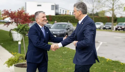 Zagreb, 11.4.2026 - Izborni sabor Zajednice poduzetnika i obrtnika HDZ-a. Na slici Petar &Scaron;imić i Andrej Plenković.Foto Hina/ Dario GRZELJ/ dag