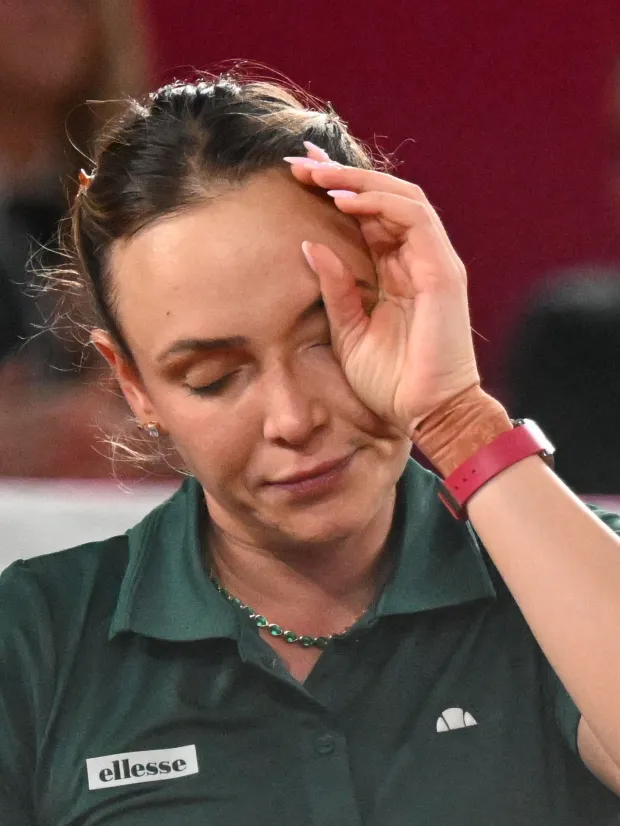 Croatia's Donna Vekic reacts while playing against Austria's Anastasia Potapova during their women's semi-final match of the WTA Upper Austria Women's Linz tennis tournament in Linz, Austria on April 11, 2026. (Photo by BARBARA GINDL/APA/AFP)/Austria OUT