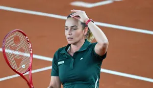 Croatia's Donna Vekic reacts while playing against Austria's Anastasia Potapova during their women's semi-final match of the WTA Upper Austria Women's Linz tennis tournament in Linz, Austria on April 11, 2026. (Photo by BARBARA GINDL/APA/AFP)/Austria OUT