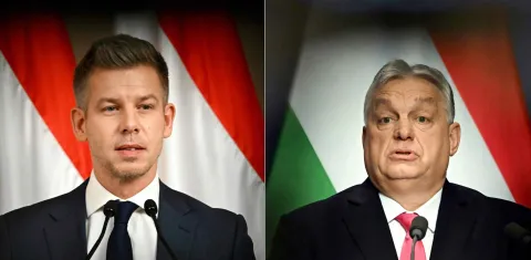 (COMBO) This combination of file photos created on March 13, 2026 shows Hungarian opposition leader and president of the TISZA (Respect and Freedom) party Peter Magyar (L) speaking during a press conference in Budapest, Hungary, on January 5, 2026, and Hungary's Prime Minister Viktor Orban addressing his annual press conference in Budapest, Hungary, on January 5, 2026. Hungary's long-time premier Viktor Orban and his main opponent Peter Magyar are set to stage rival marches in Budapest on Sunday, March 15, 2026, both pushing allegations of foreign interference four weeks before the elections. (Photo by Attila KISBENEDEK/AFP)