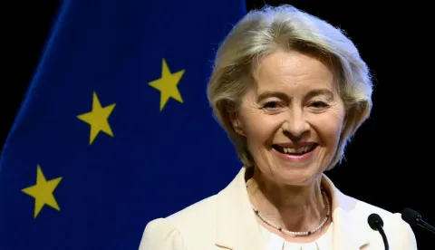 European Commission President Ursula von der Leyen delivers a speech during the signing ceremony of the trade agreement between the European Union and Mercosur, at the Gran Teatro Jose Asuncion Flores of Paraguay's Central Bank in Asuncion on January 17, 2026. The South American bloc Mercosur and the European Union signed a deal on January 17, 25 years in the making, to create one of the world's biggest free trade areas at a time of growing protectionism and volatility. (Photo by Luis ROBAYO/AFP)