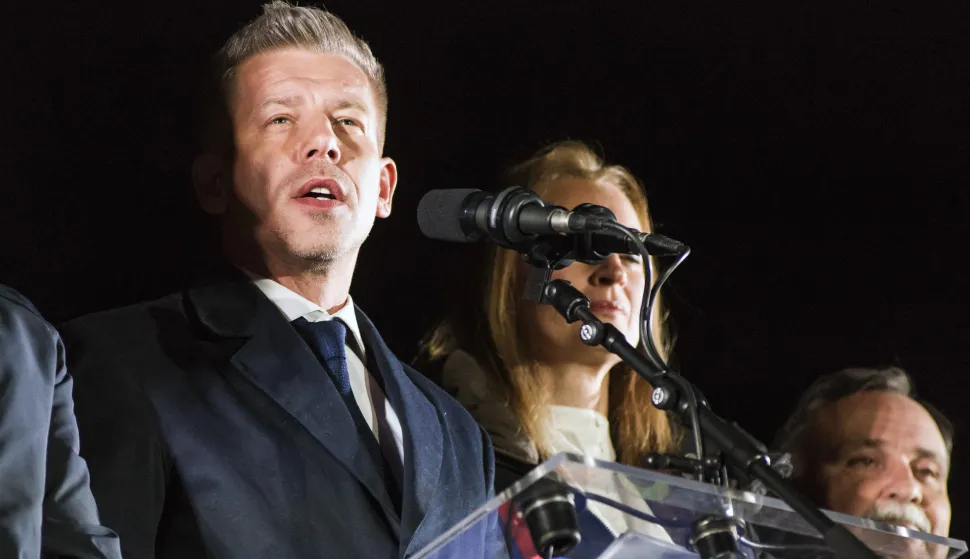 Peter Magyar gives a speech to a crowd of supporters during the TISZA party's election night event in Budapest. April 12, 2026, marked the most significant political transformation in Hungary in decades. The election night for Peter Magyar's TISZA party in Budapest saw thousands of citizens gathering to celebrate a decisive victory over Prime Minister Viktor Orb&aacute;n's Fidesz party, which had been in power since 2010. P&eacute;ter Magyar, who emerged as a central opposition figure only two years ago, successfully mobilized a record number of voters by focusing his campaign on anti-corruption measures, improving living standards, and restoring Hungary's pro-European course. (Photo by Attila Husejnow/SOPA Images/Sipa USA) Photo: SOPA Images/SIPA USA
