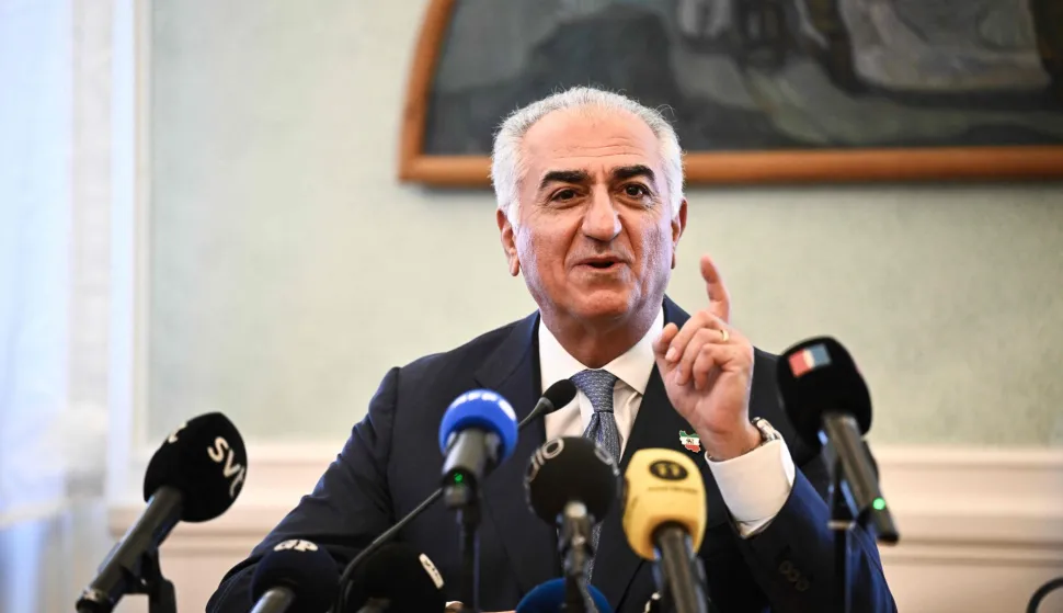 The son of Iran's last shah, exiled Crown Prince Reza Pahlavi, holds a press conference following a meeting with the Christian Democrats and Sweden Democrats parliamentary groups at the Swedish Parliament (Riksdagen) in Stockholm, Sweden, on April 13, 2026. (Photo by Fredrik SANDBERG/TT News Agency/AFP)/Sweden OUT