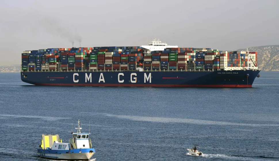 (FILES) A container ship operated by the French CMA CGM shipping company runs into the port of Marseille on June 29, 2018. A CMA CGM container ship passed through the Strait of Hormuz declaring a "French owner," according to maritime tracking data, on April 3, 2026. (Photo by BORIS HORVAT/AFP)