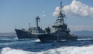 24.07.2025., Split - Hrvatska ratna mornarica izvodi vjezbu za vojni Mimohod 2025. Ophodni brod Umag (32) te skolski brod Andrija Mohorovicic (72). Photo: Igor Kralj/PIXSELL