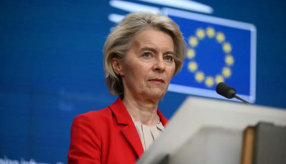 (FILES) European Commission President Ursula von der Leyen delivers a speech for a closing press conference after an emergency meeting of the European Council over US President's Greenland threats, at the European headquarters in Brussels, on January 22, 2026. EU chief Ursula von der Leyen on January 29, 2026, hailed a decision by member states to designate Iran's Revolutionary Guard a "terrorist organisation" as "overdue" after the deadly crackdown on protests in the country. (Photo by NICOLAS TUCAT/AFP)