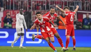 Luis D&iacute;az (FC Bayern M&uuml;nchen) celebrates after scoring his team's third goal with teammates during the UEFA Champions League 2025/26 Quarter-Final Second Leg match between FC Bayern M&uuml;nchen and Real Madrid CF at Football Arena Munich on April 15, 2026 in Munich, Germany. (Photo by Harry Langer/DeFodi Images) Photo: Harry Langer/DeFodi Images/DEFODI