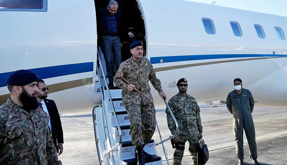 This handout photo taken and provided by the Iranian Foreign Ministry on April 15, 2026 shows Pakistan's Army Chief Asim Munir disembarking from an aircraft upon his arrival at the airport in Tehran. Iranian Foreign Minister Abbas Araghchi welcomed on April 15 a Pakistani delegation led by army chief Munir, days after failed US-Iran talks in Islamabad to end the Middle East war. (Photo by Iranian Foreign Ministry/AFP)/RESTRICTED TO EDITORIAL USE - MANDATORY CREDIT "AFP PHOTO/Iranian Foreign Ministry" - HANDOUT - NO MARKETING NO ADVERTISING CAMPAIGNS - DISTRIBUTED AS A SERVICE TO CLIENTS