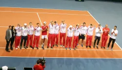 Rijeka, 5.2.2023.- Hrvatska teniska Davis Cup reprezentacija prola je kvalifikacije te osigurala prolaz u jednu od skupina ovog natjecanja nakon to je u Rijeci pobijedila Austriju 3-1. Na slici slavlje hrvatske reprezentacije. foto HINA/ Miljenko KLEPAC/ ua